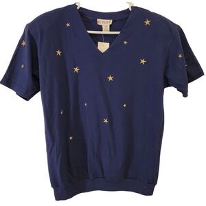 NWT IN PLACE Womens Navy Blue V Neck T Shirt Embroidered Gold Stars Size Medium